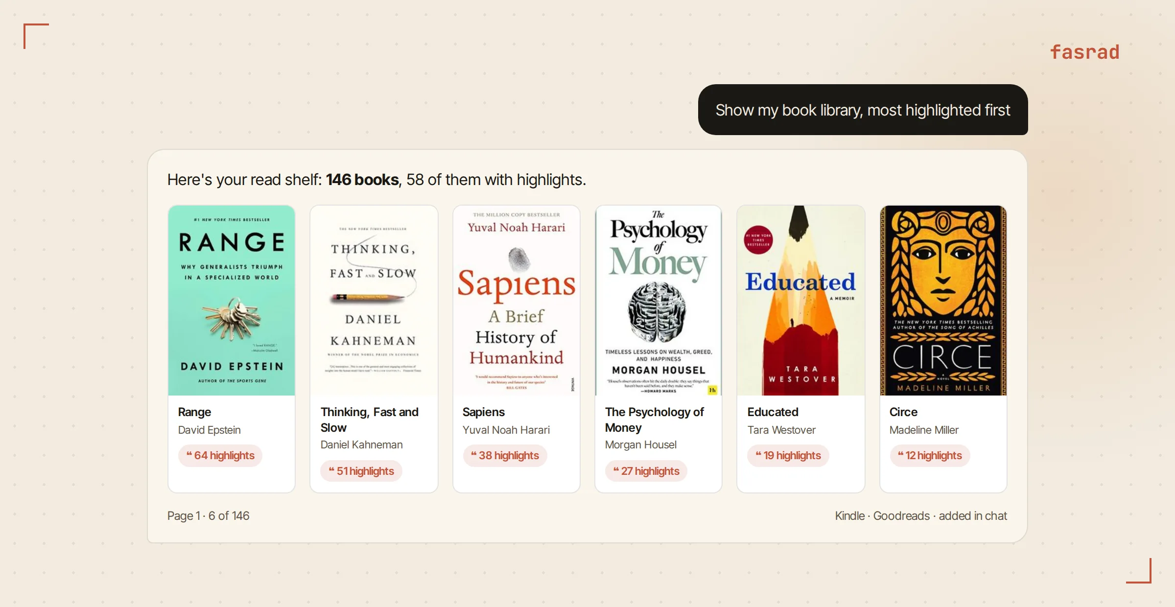 The agent's read shelf in chat, a grid of book covers from Range to Circe, each with a highlight count