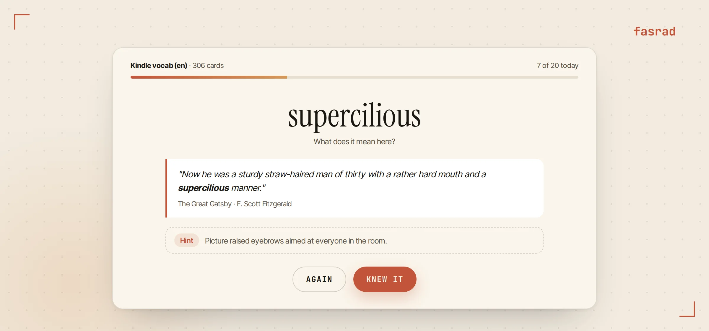 A Study review card for the word supercilious with the sentence from The Great Gatsby and a one-line hint