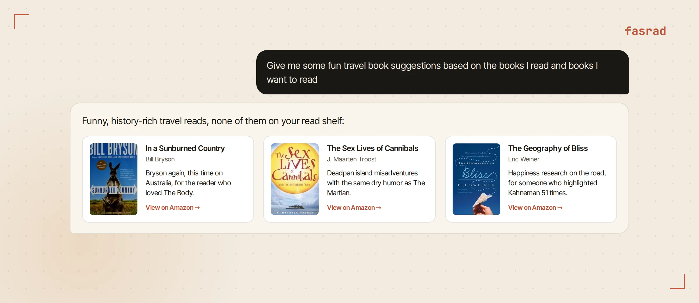 A chat reply with book suggestion cards for fun travel reads, each with a one-line reason tied to a book on the reader's shelf