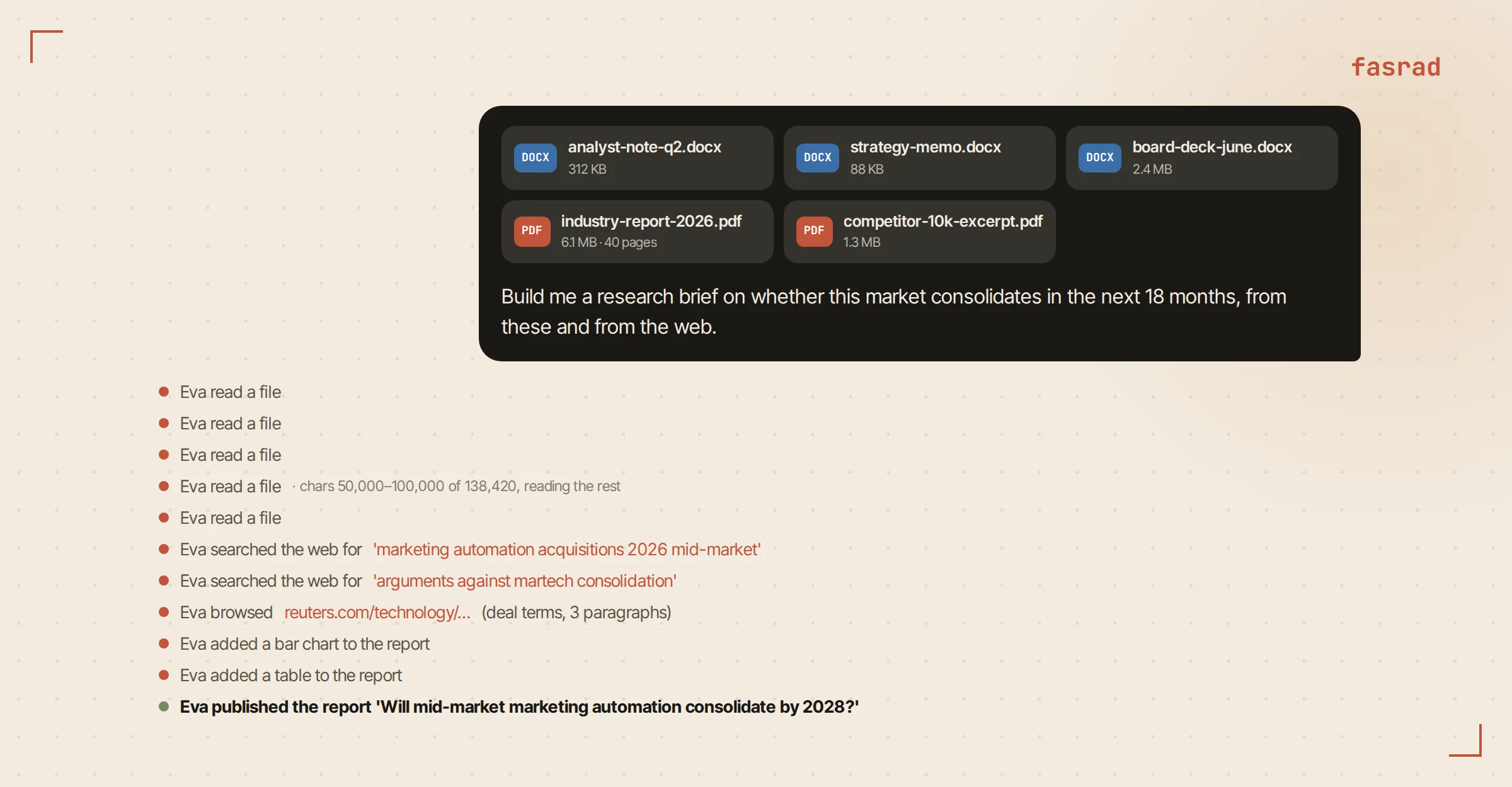 A chat message with five file chips, three Word documents and two PDFs, followed by the request to build a research brief, and the agent's activity lines as it reads each file, searches the web, and publishes the report