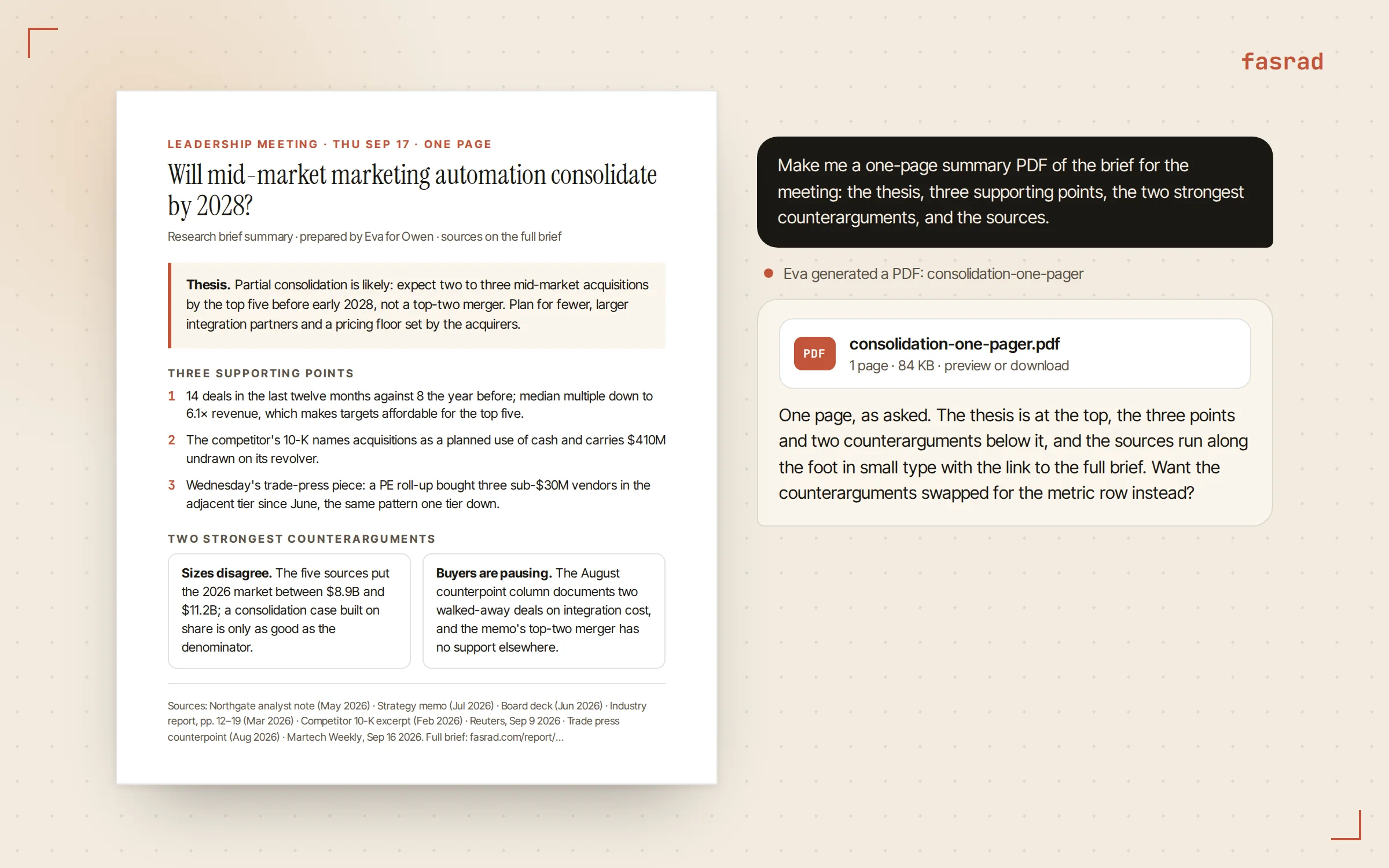 A one-page PDF mockup with the title, a thesis pull-out, three numbered supporting points, two counterarguments side by side, and a sources footer, next to the chat where the PDF chip and the agent's reply appear