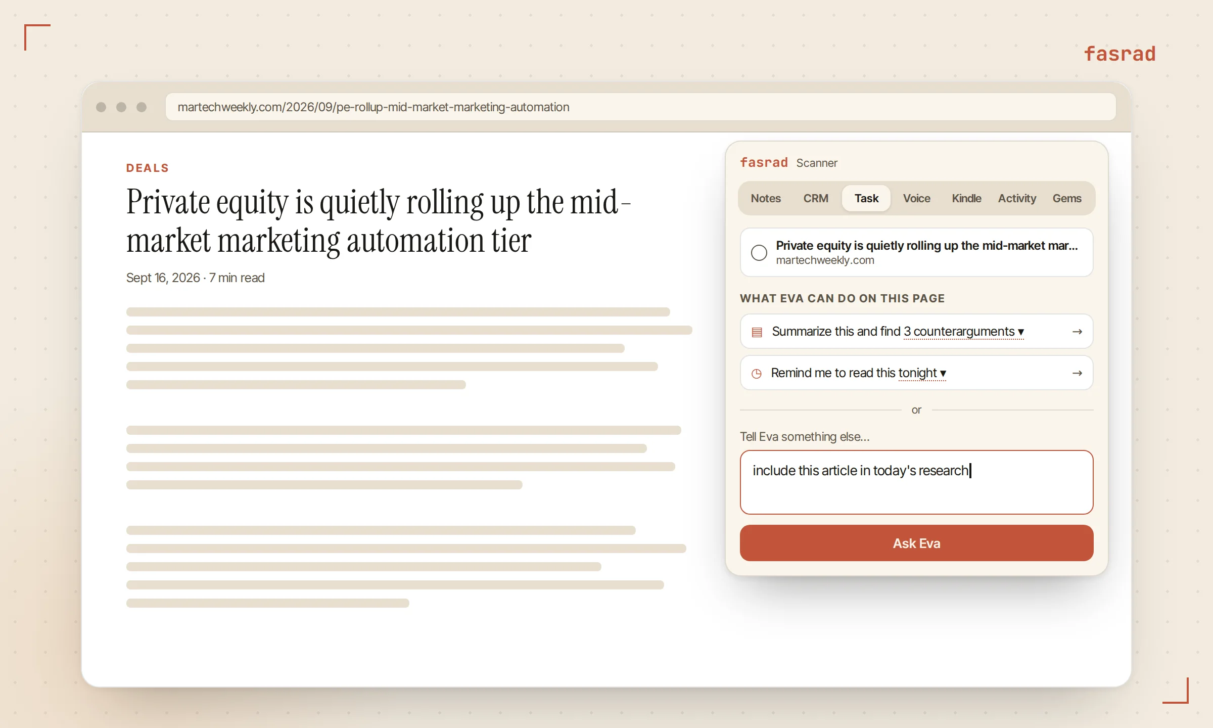 The Scanner extension's Task tab open over a trade-press article, with the page title and domain shown, two suggested tasks, and a freeform request to include the article in the research brief typed in the box above the Ask button