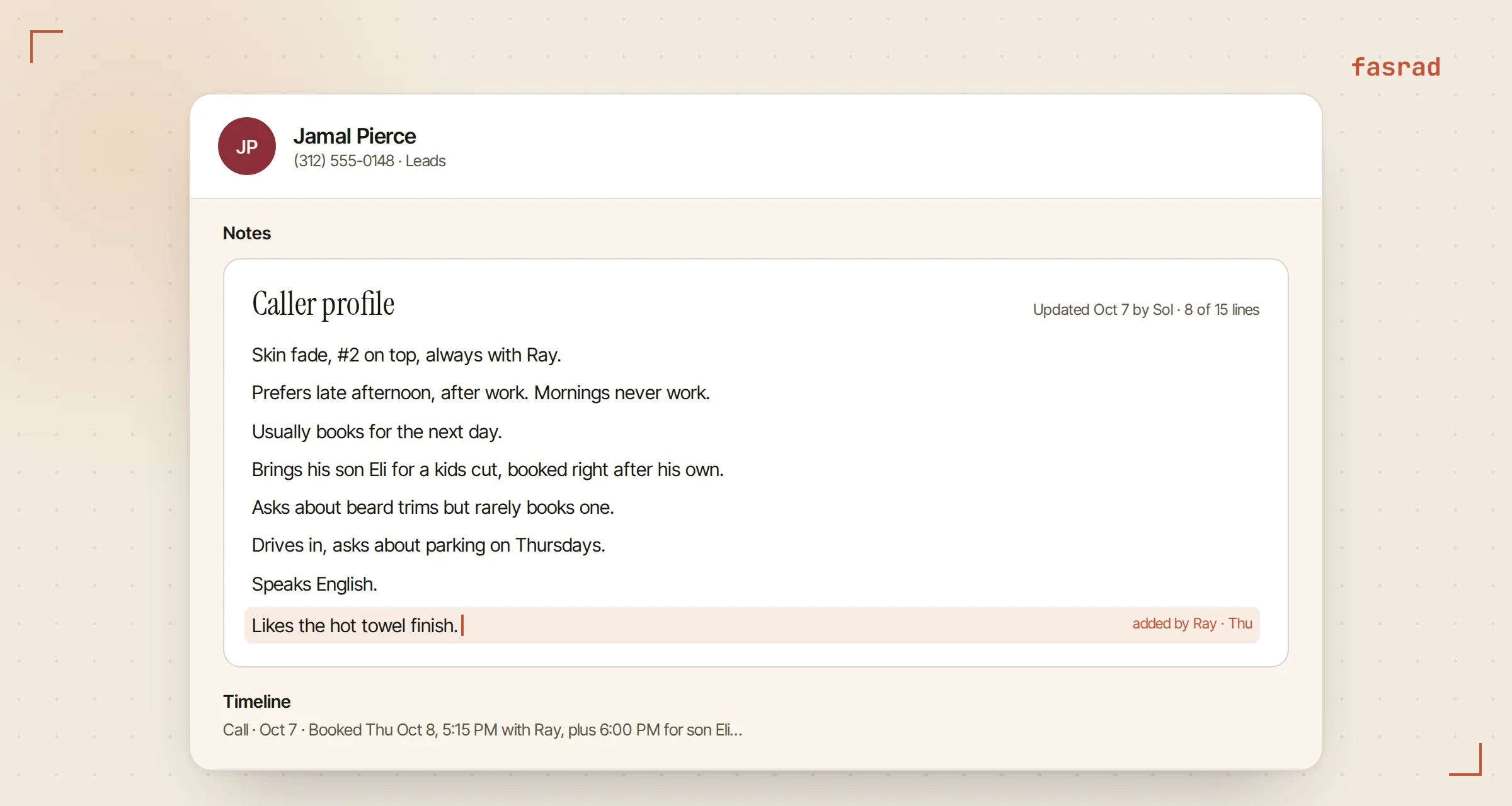 Jamal Pierce's CRM contact with the Caller profile note open for editing, showing eight short lines about his usual cut, timing preferences and his son