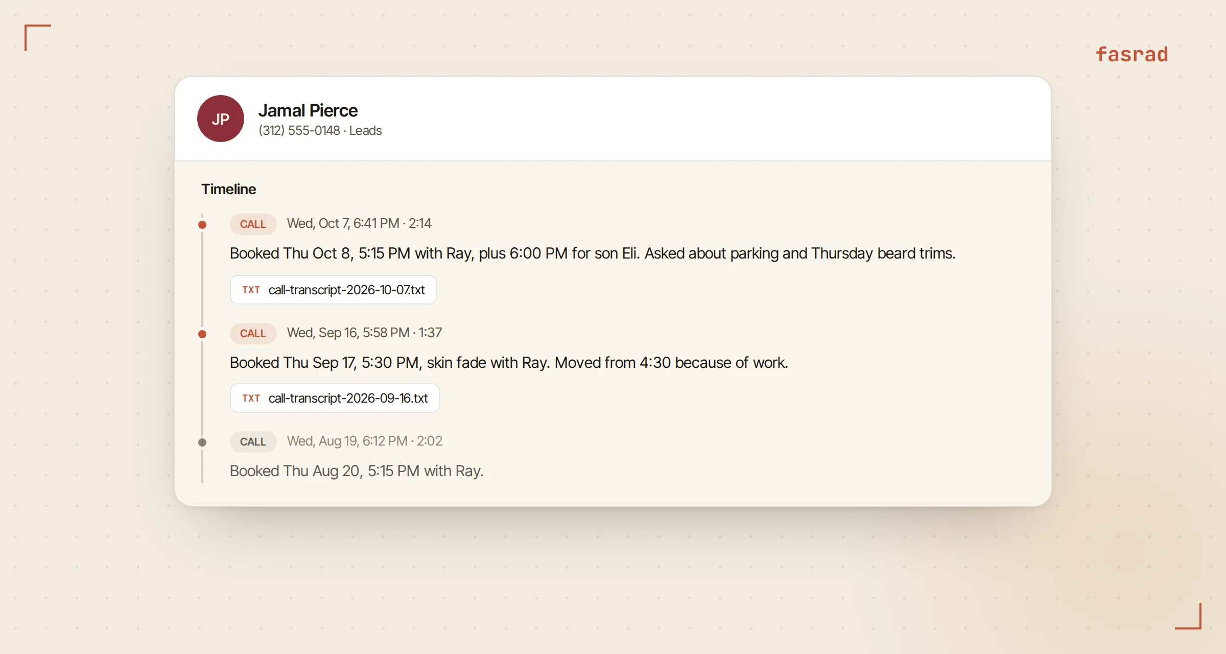 Jamal Pierce's CRM timeline with two dated phone call interactions, each with a one-line summary and an attached transcript file