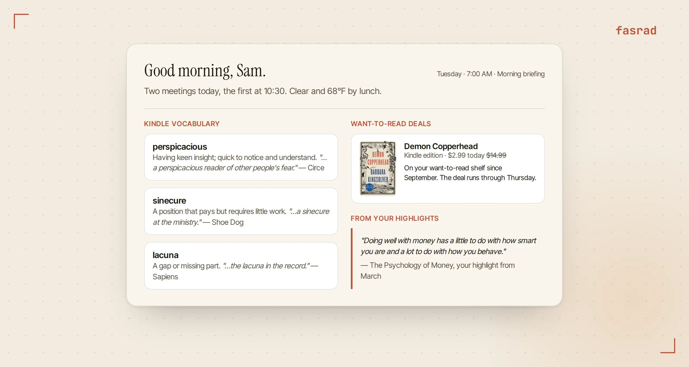A morning briefing card with a Kindle vocabulary section of three words, a Kindle deal on a want-to-read book, and a quote from the user's own highlights