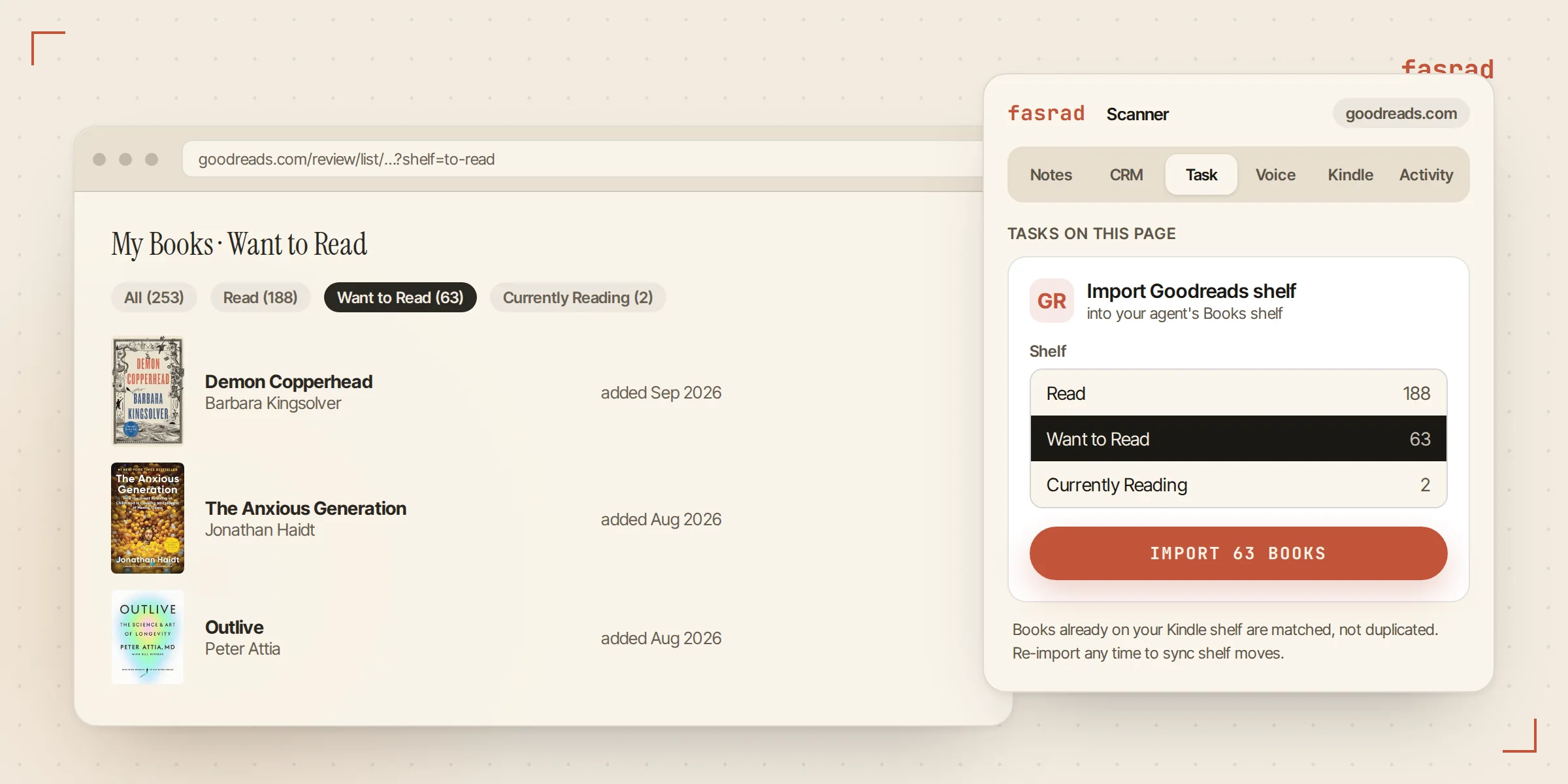 The Scanner Task tab on a Goodreads shelf page, offering to import the Want to Read shelf of 63 books into the agent
