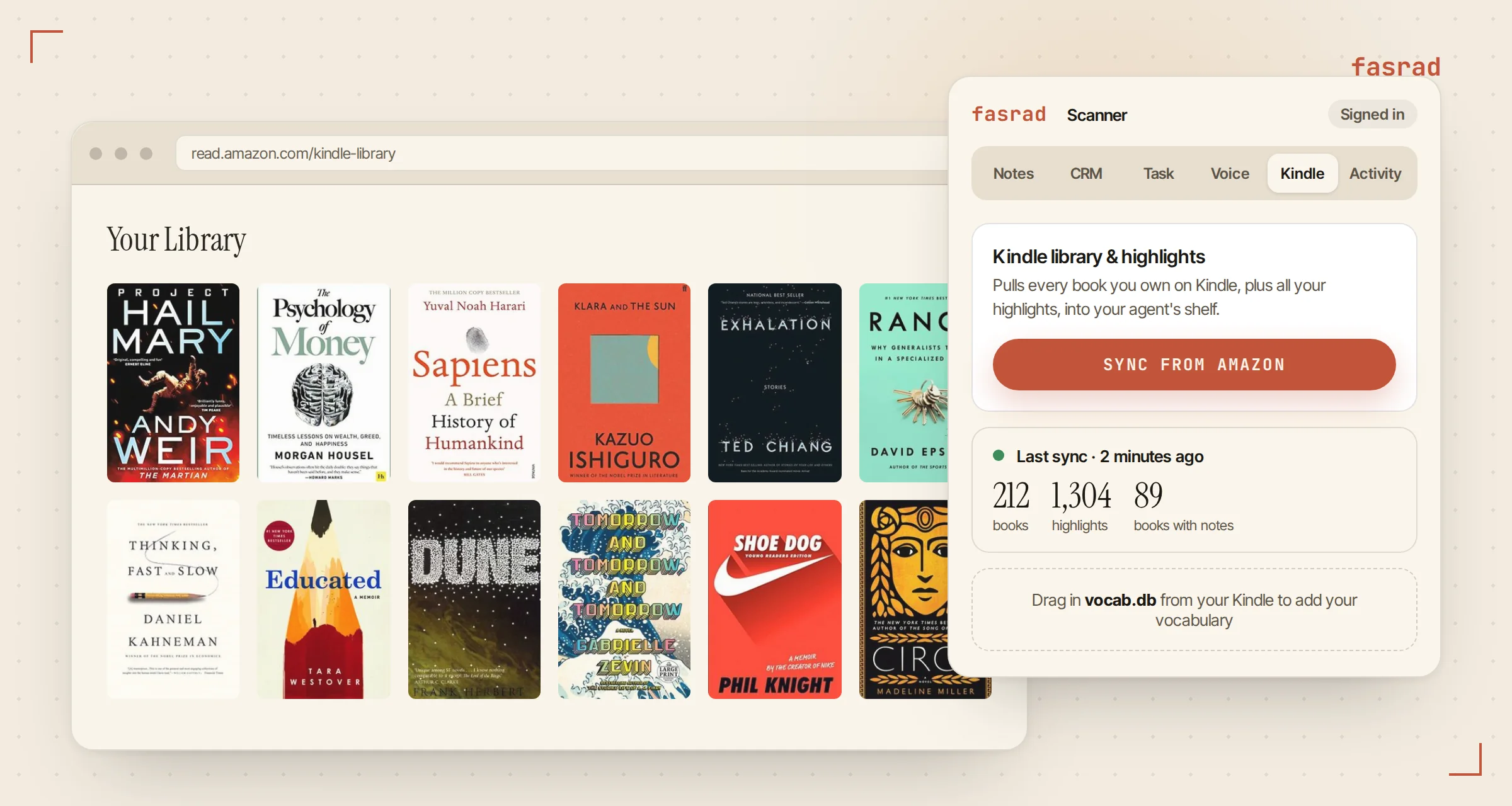 The Fasrad Scanner popup on the Kindle cloud reader, showing the Kindle tab with a Sync from Amazon button and a completed sync of 212 books and 1,304 highlights