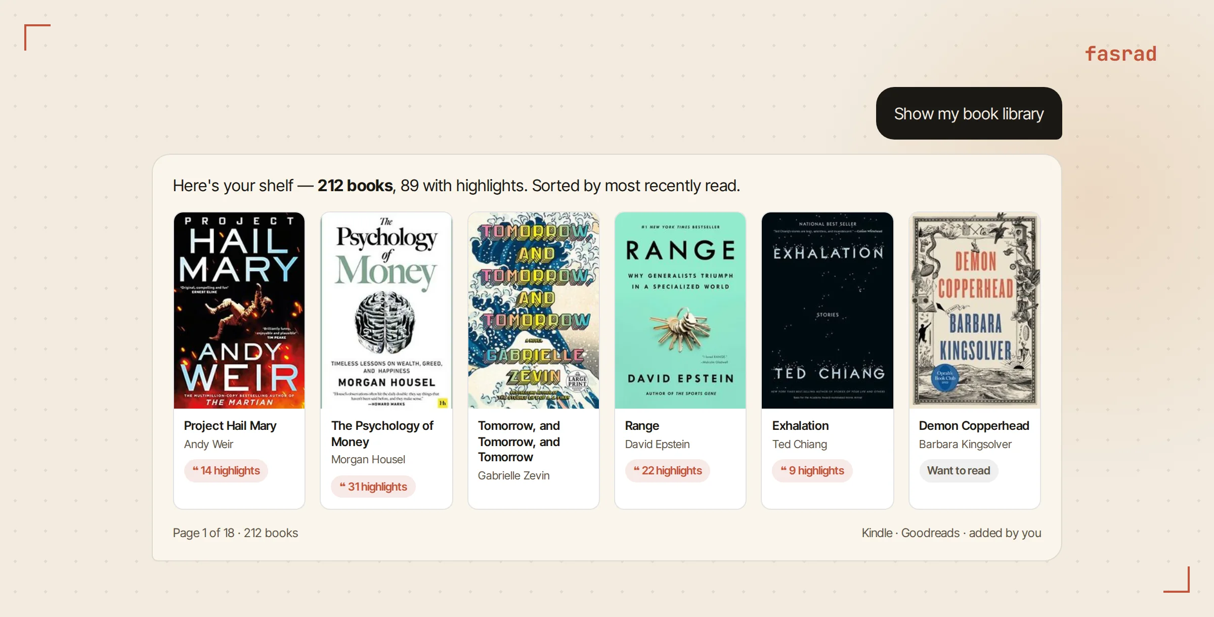 A chat with the agent showing the user's shelf as a grid of book covers with highlight counts and a want-to-read badge