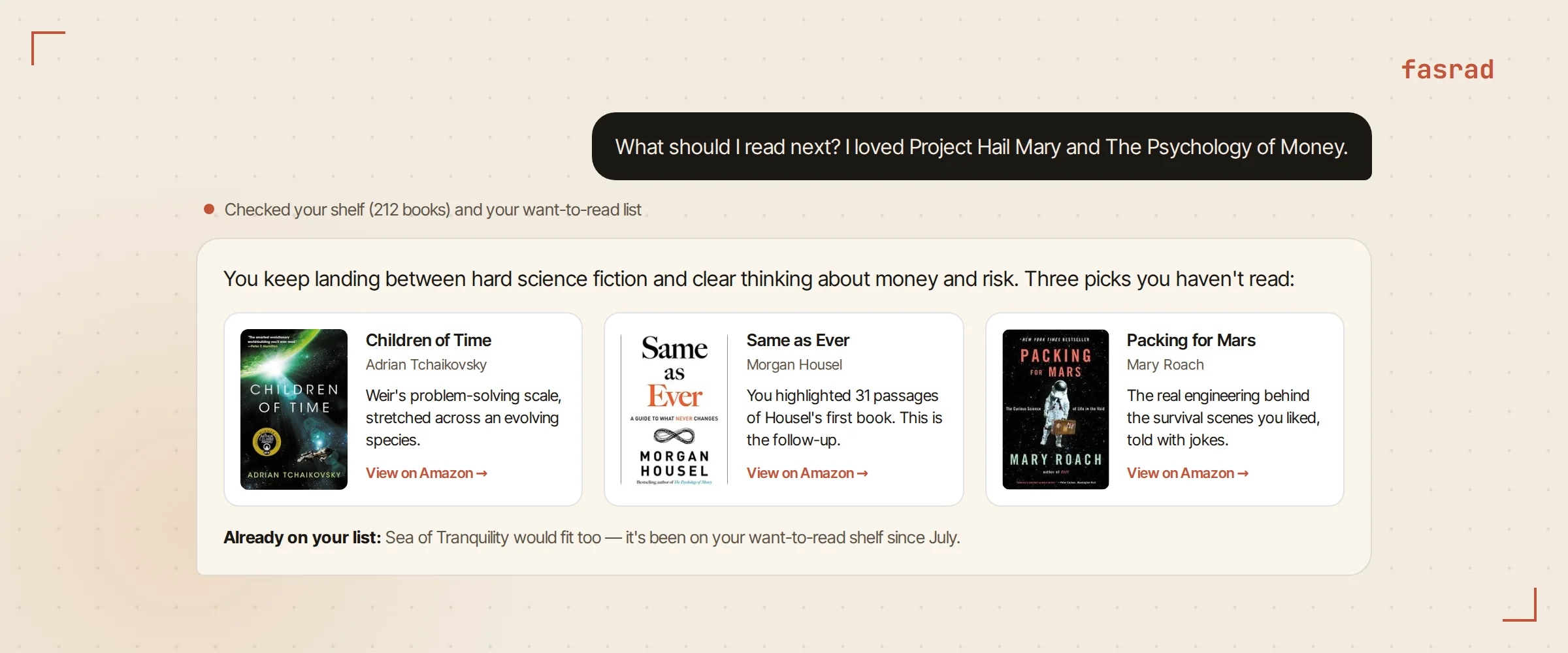 The agent answering a recommendation request with three book cards, each with a one-line reason and an Amazon link, plus a note about a book already on the want-to-read list