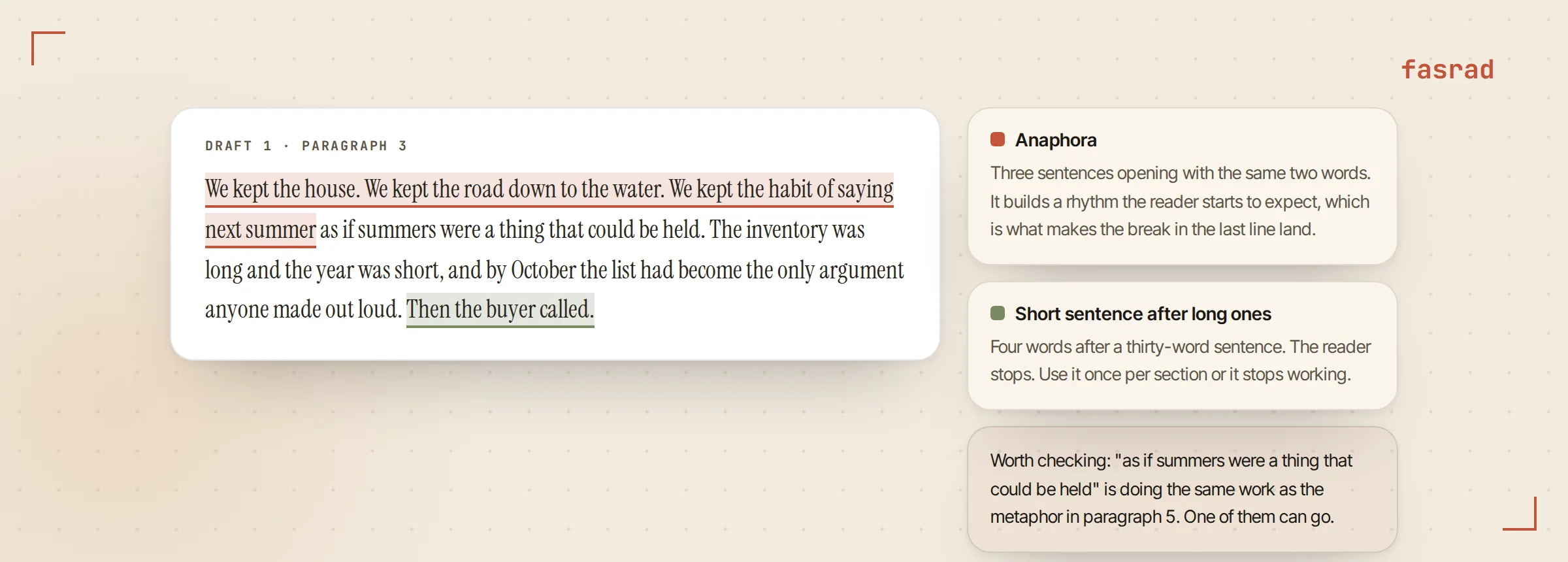 A paragraph from the draft with two devices called out beside it, each with a short note on what it does to the reader