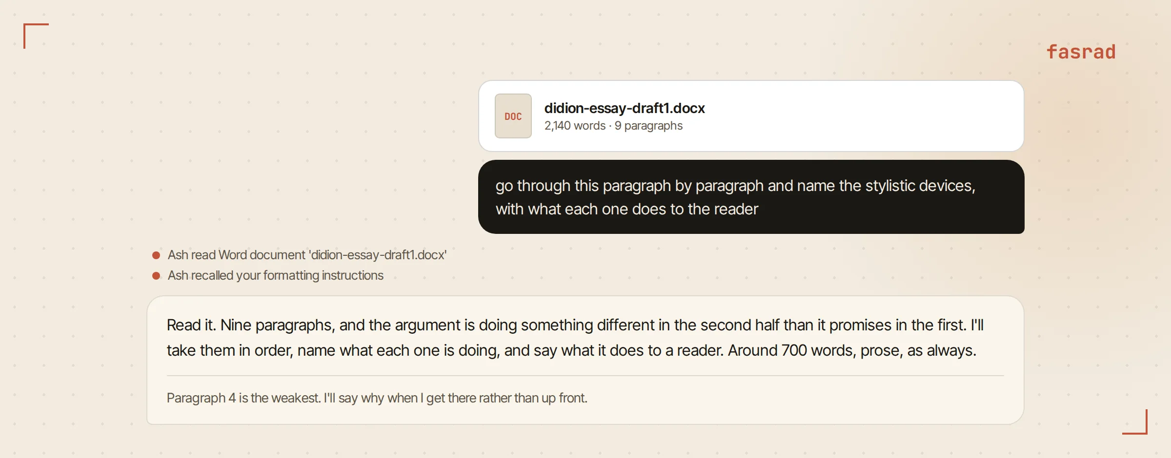 A chat with an uploaded draft and the request to go through it paragraph by paragraph, with the file shown as an attachment