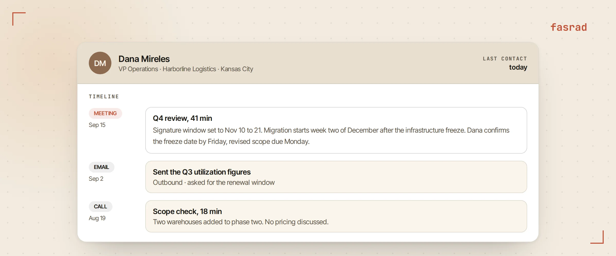 A CRM contact timeline showing the logged meeting with its summary, sitting above two earlier calls and an email