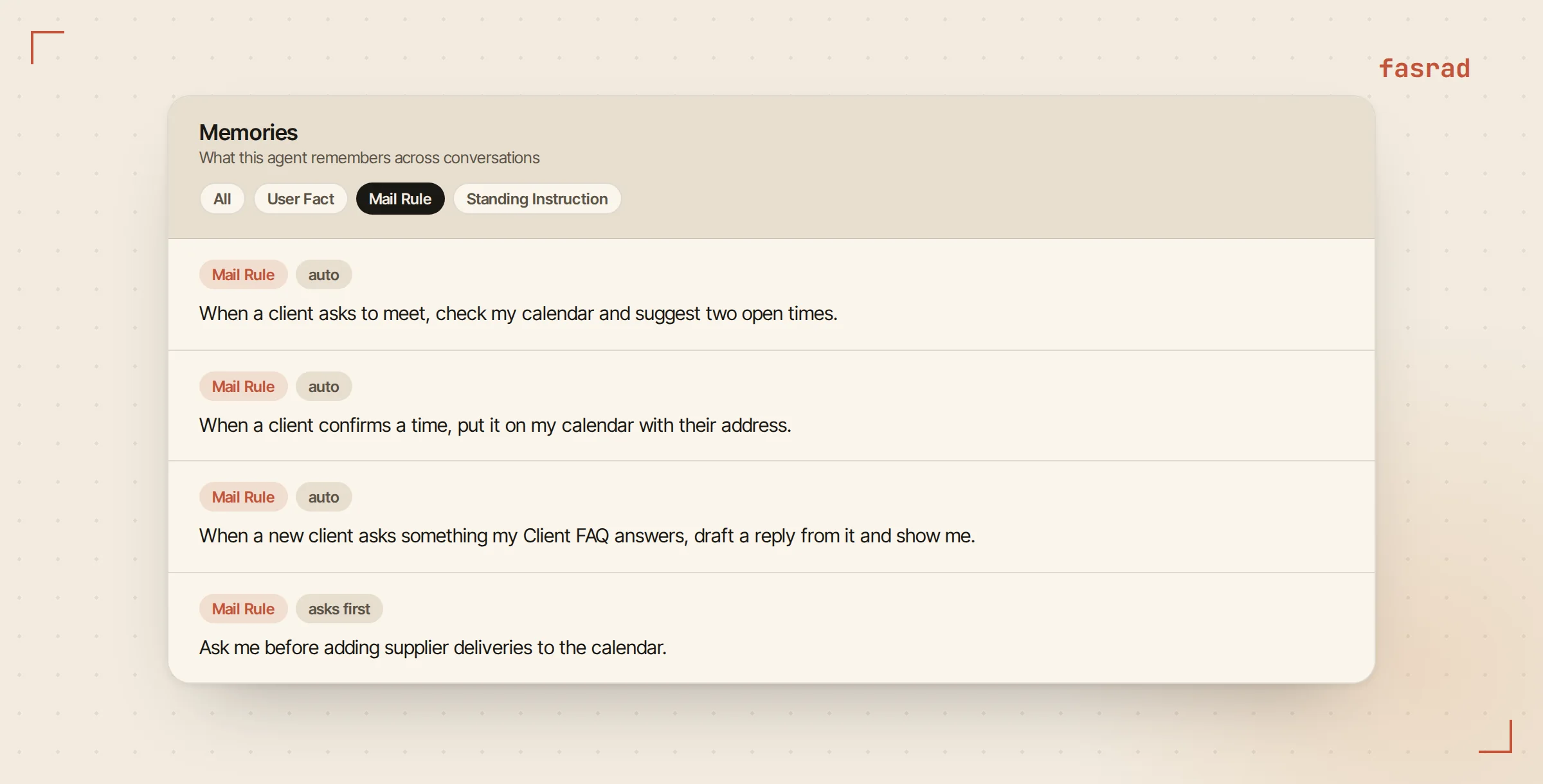 The agent's Memories tab filtered to mail rules, showing four rules with their wording and mode pills: three marked auto and the supplier delivery rule marked asks first