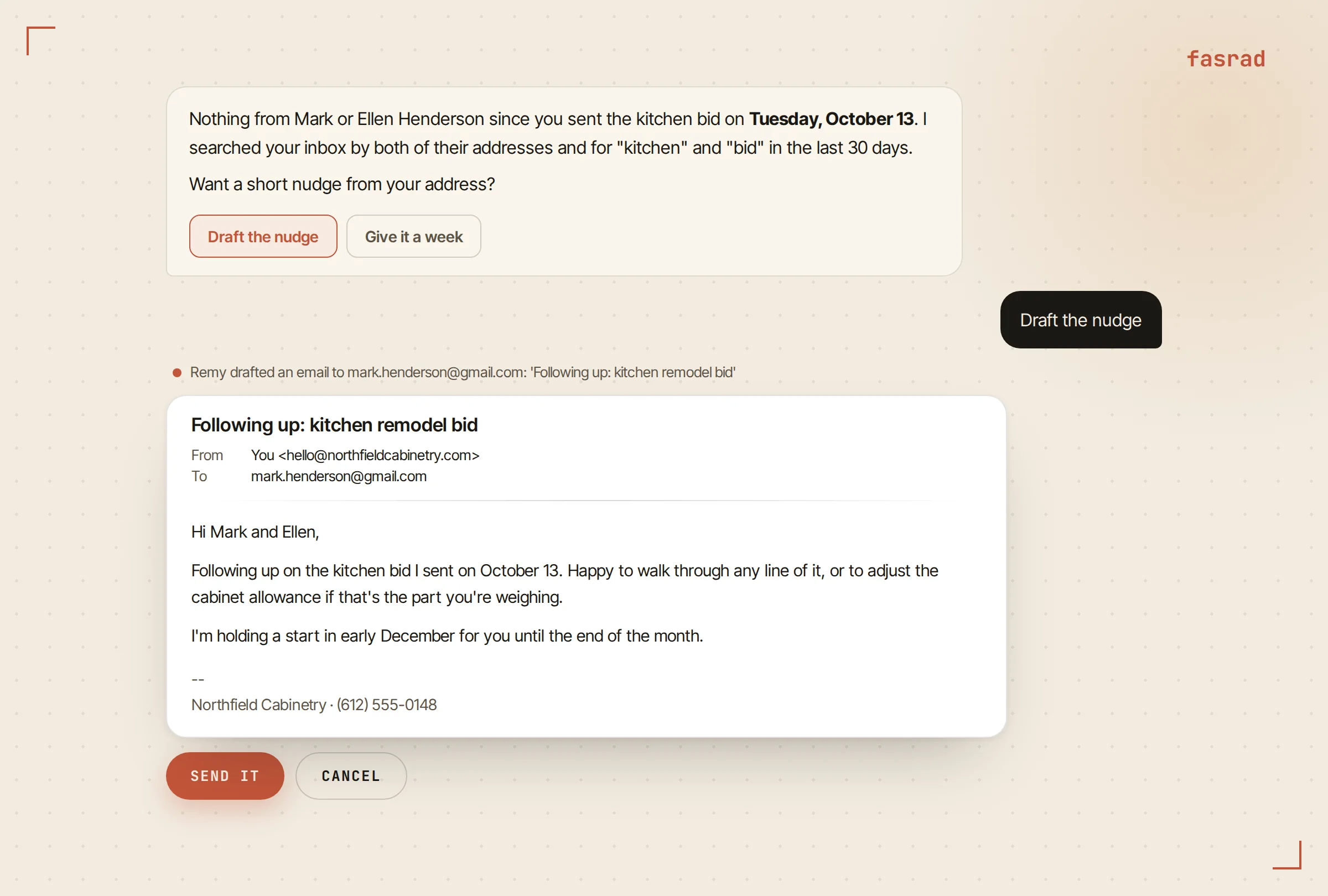 A chat message reporting no reply from the Hendersons since October 13, followed by a draft mail card from the user's address to Mark Henderson with a short follow-up and Send it and Cancel buttons