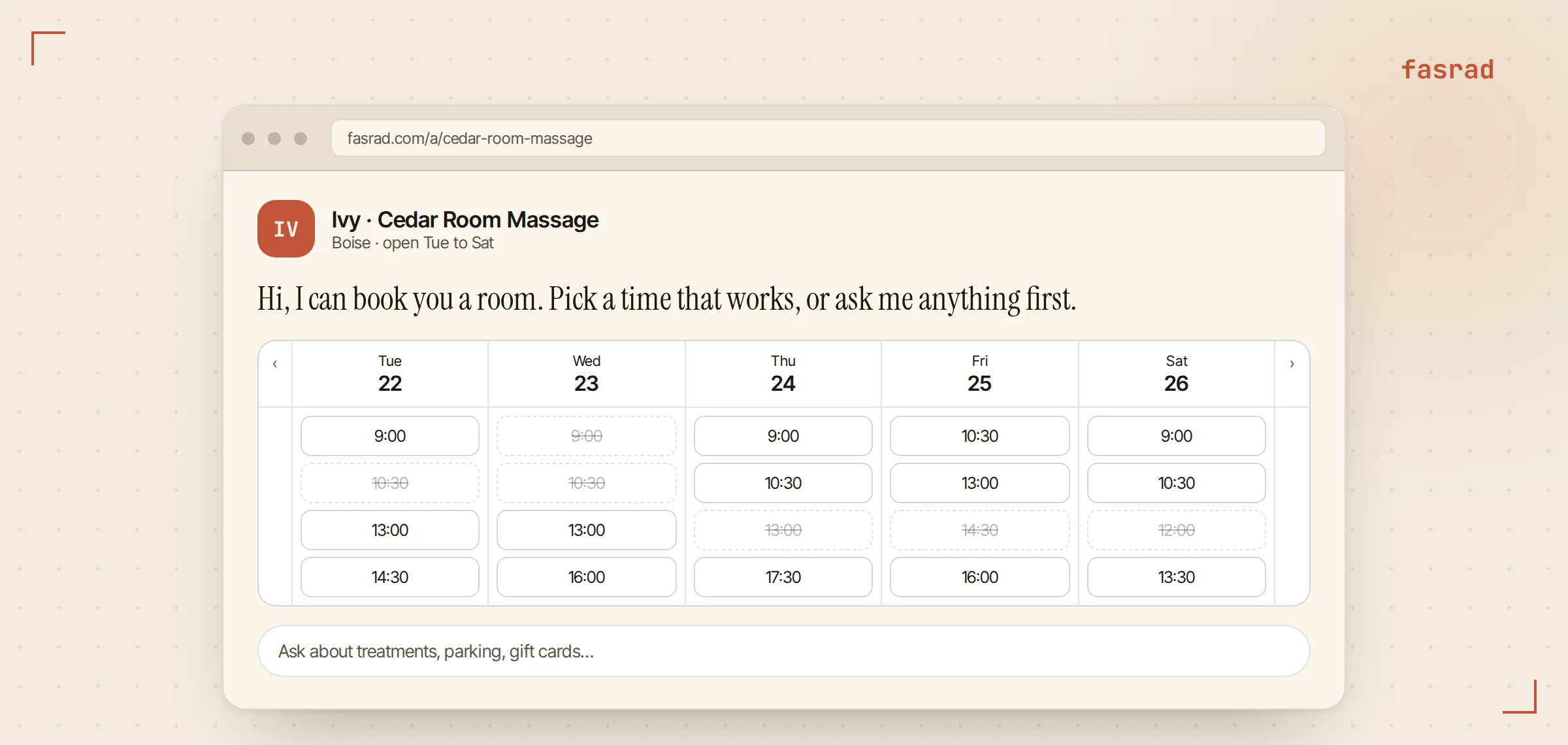 A public agent page with the studio greeting and a week of bookable slots underneath, taken times grayed out