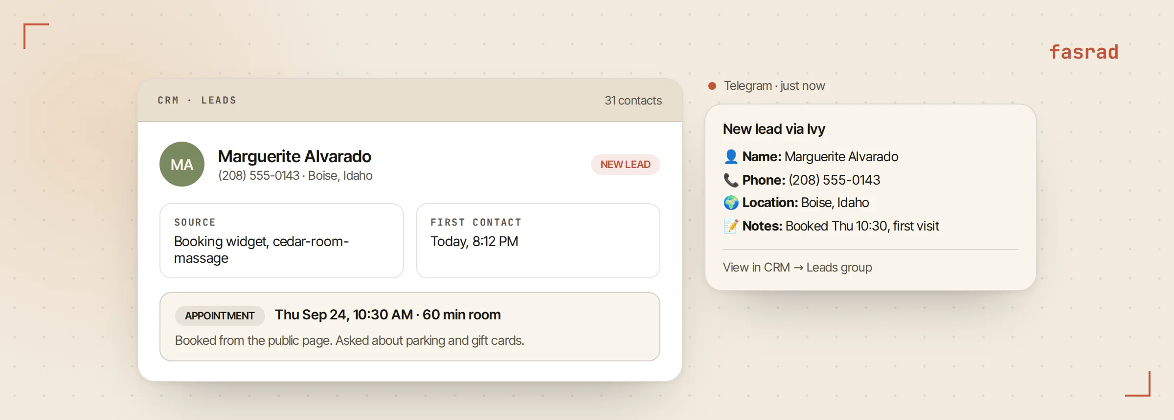 A new CRM contact card in the Leads group created from a booking, with name, phone, source and the appointment logged