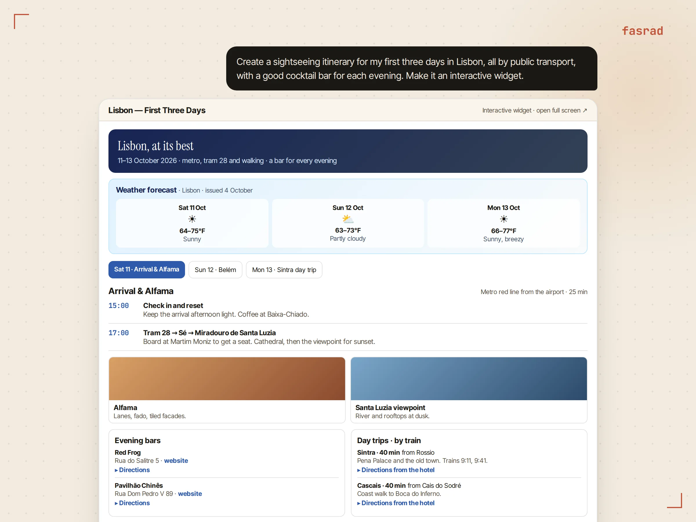 An interactive itinerary widget titled Lisbon, at its best, with a weather strip, day tabs, timed stops with tram and metro lines, sight photos, evening bars and day trips with train times