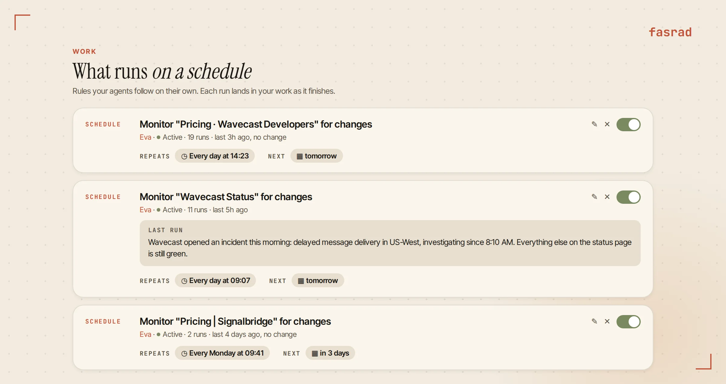 The Work page's schedule view listing three page monitors with their repeat rule, next check time, run counts and the last change one of them found