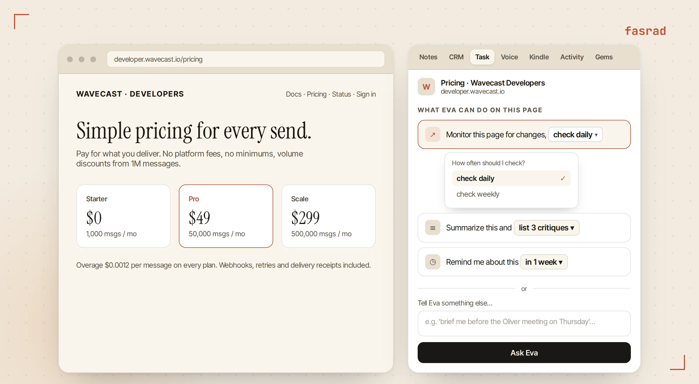 The Scanner extension's Task tab open on a pricing page, with the Monitor this page for changes suggestion selected and the cadence menu showing daily and weekly