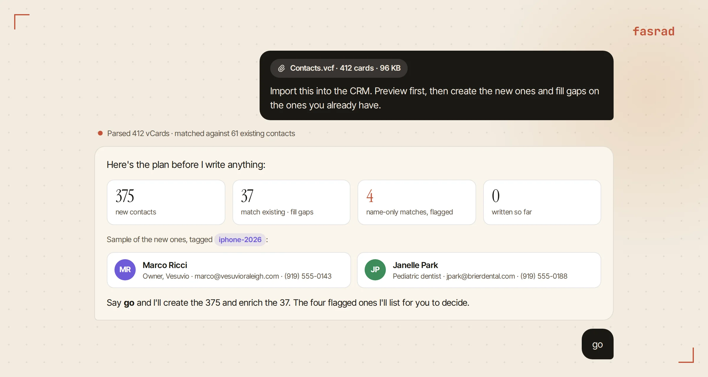 A chat where the advisor drops a vCard file and the agent replies with an import preview: 412 cards, 375 new, 37 matched, four flagged, then a confirmation
