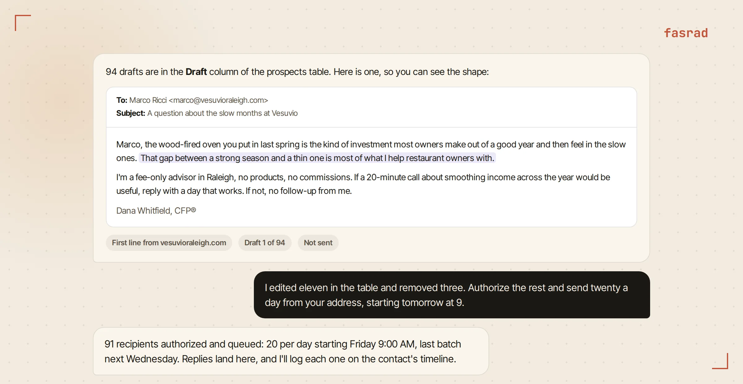 An outreach draft shown as an email preview with a personalized first line about the restaurant's wood-fired oven, and the advisor's chat reply approving the batch at twenty per day
