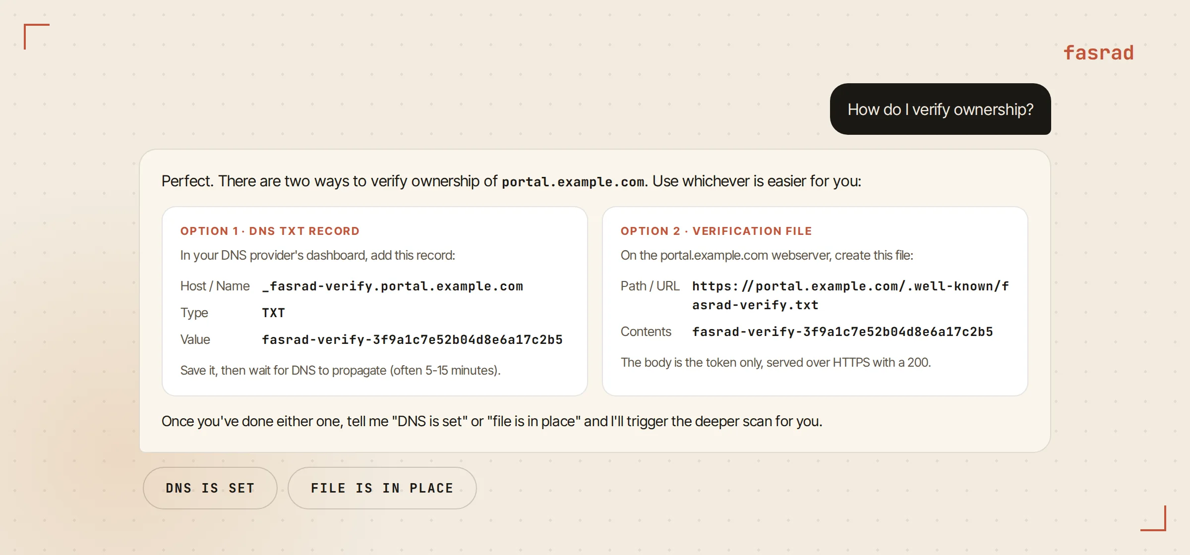 The agent's verification message with two panels, the DNS TXT record with host, type and value, and the verification file with its URL and contents, followed by two buttons labeled DNS is set and File is in place