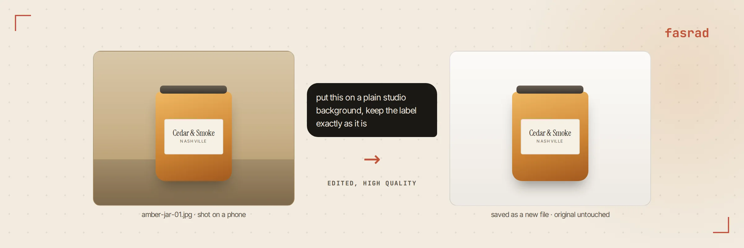 A phone photo of a candle jar on a kitchen table next to the same jar on a plain studio background, with the edit instruction shown between them