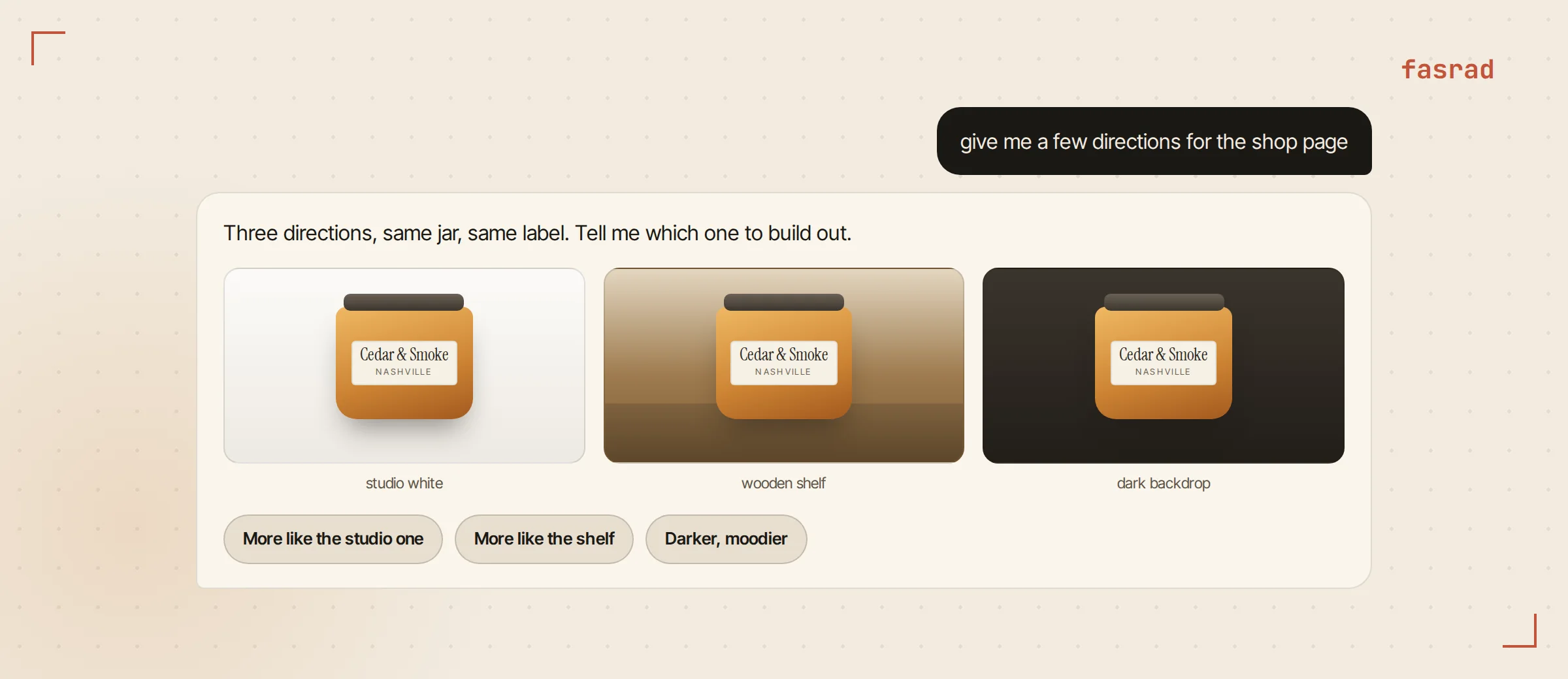 An agent message offering three variant directions as tappable buttons under a set of edited candle images
