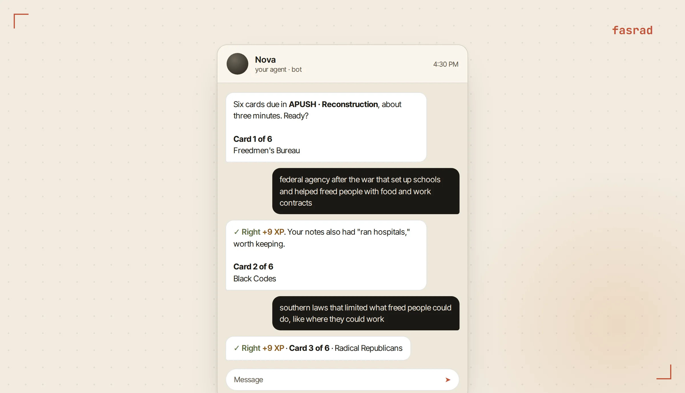 A Telegram conversation at 4:30 PM in which the agent says six cards are due, asks the first term, and marks the typed answer correct with nine points