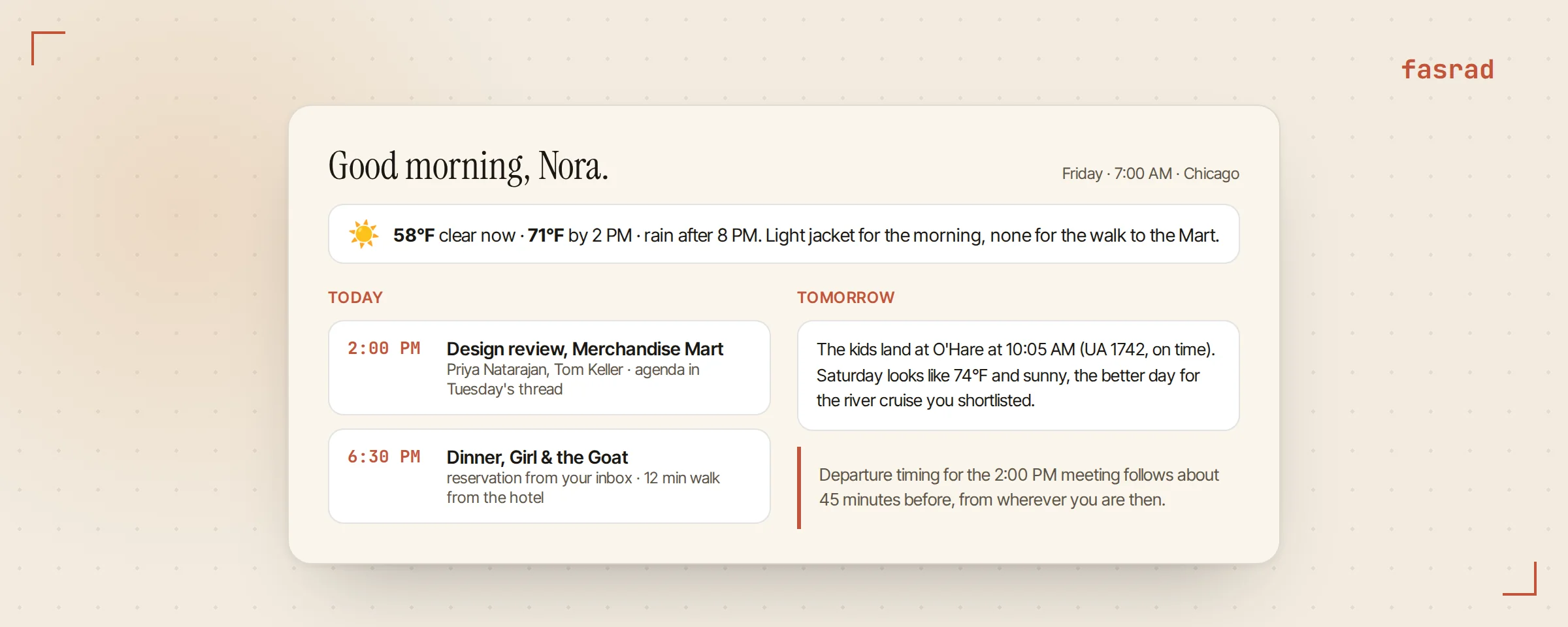 A morning briefing card with the weather for the day, the 2:00 PM meeting at the Merchandise Mart, the dinner reservation, and a note that departure timing follows later
