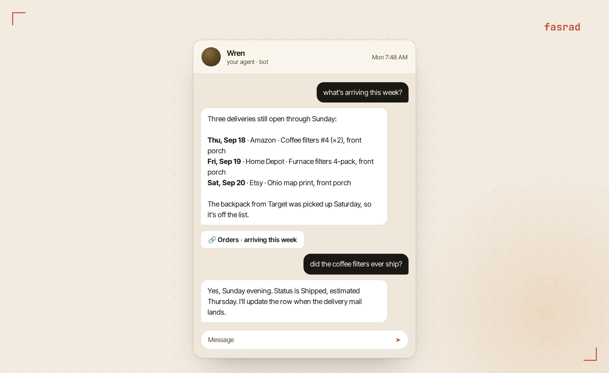A Telegram conversation where the user asks what is arriving this week and the agent replies with three deliveries, each with the store, the item, and the expected day