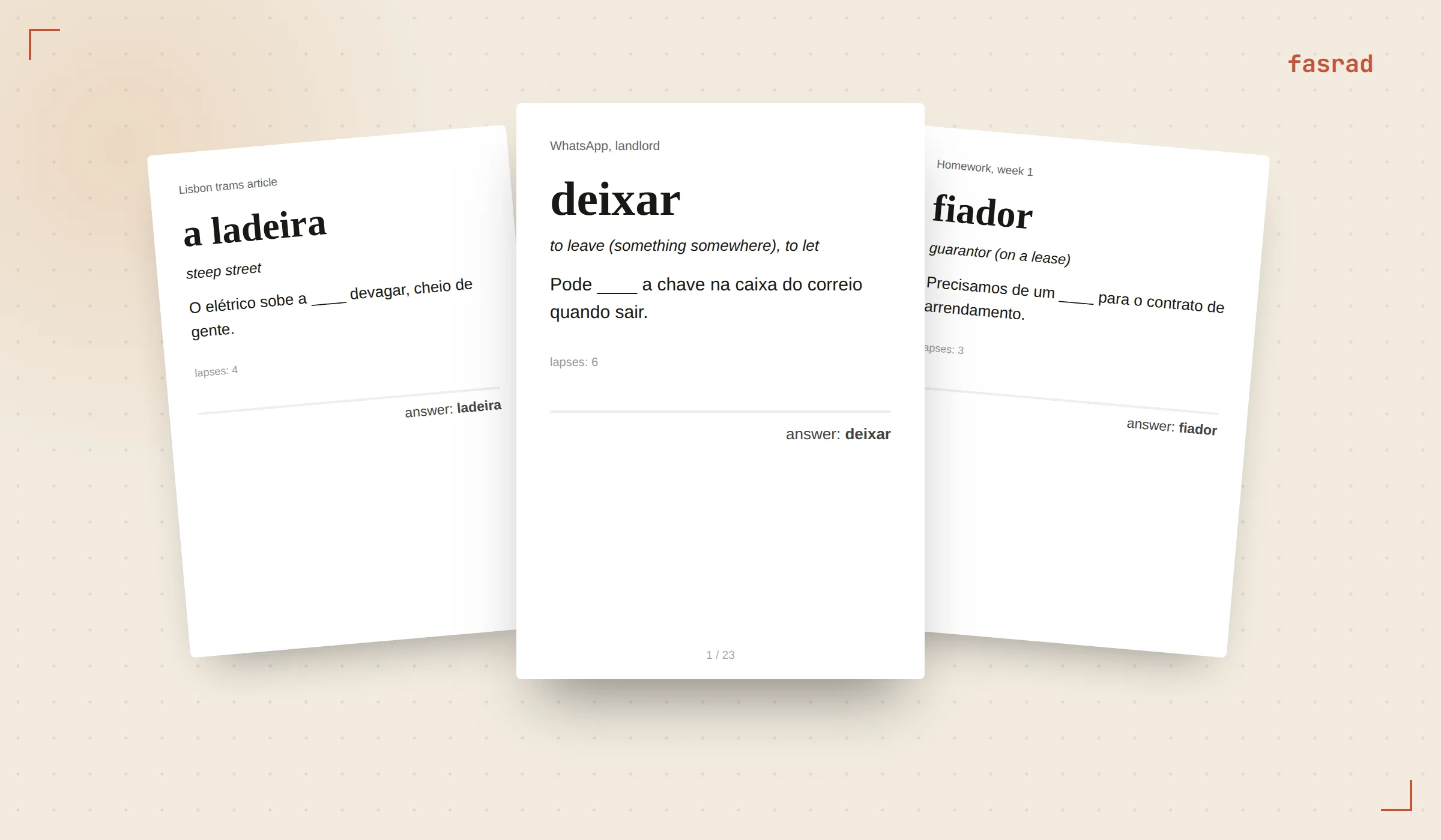 Three pages of the printed most-missed-words PDF, each with one Portuguese word blanked out of its original sentence and the answer at the bottom