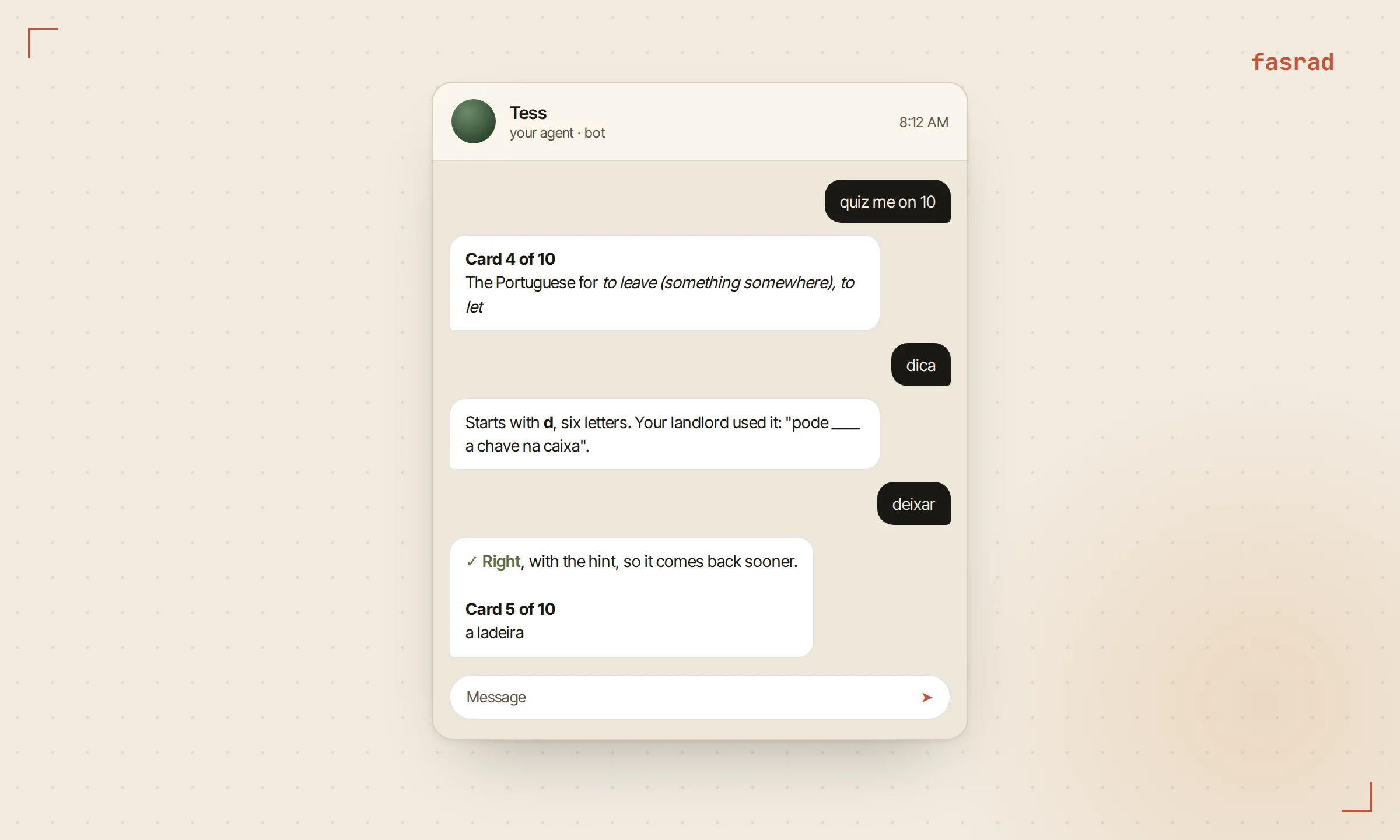 A Telegram quiz where the tutor asks for a word, the learner asks for a hint with dica, gets a one-line clue, and answers correctly