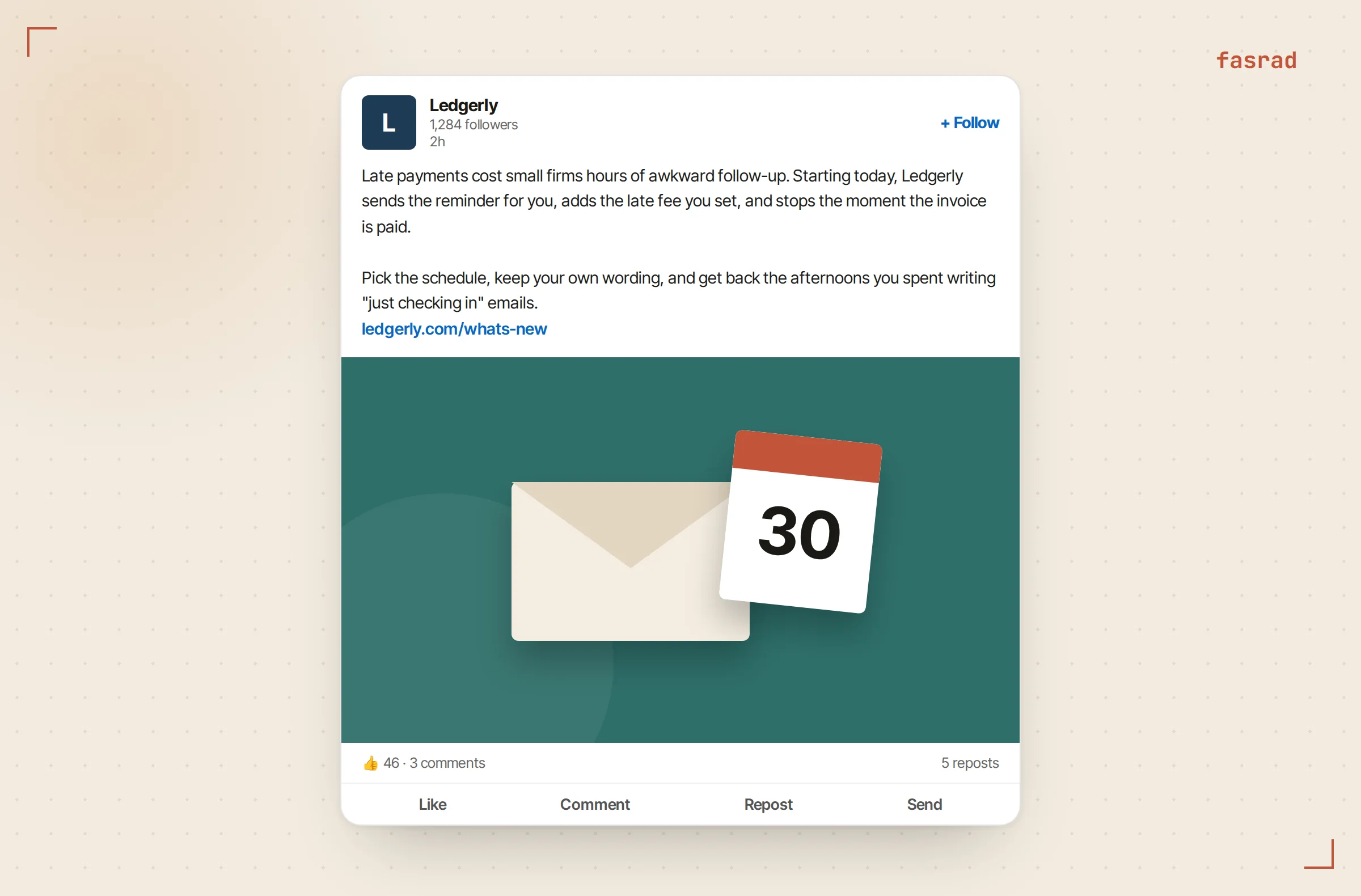 The published LinkedIn post on the company page, with the announcement text and the generated image of an envelope and calendar page