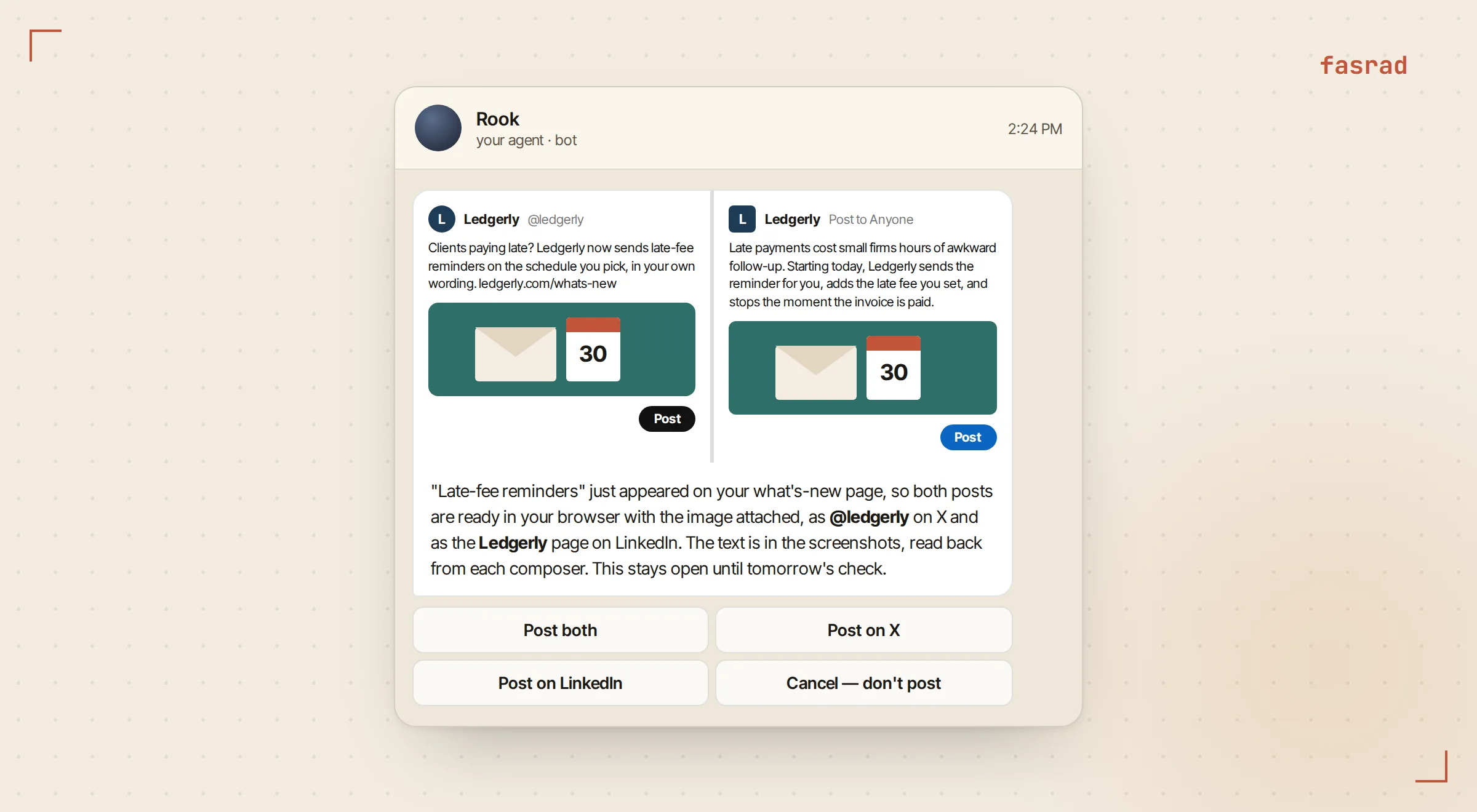A Telegram message from the agent with screenshots of the prepared X post and LinkedIn post and four buttons: Post both, Post on X, Post on LinkedIn, and Cancel