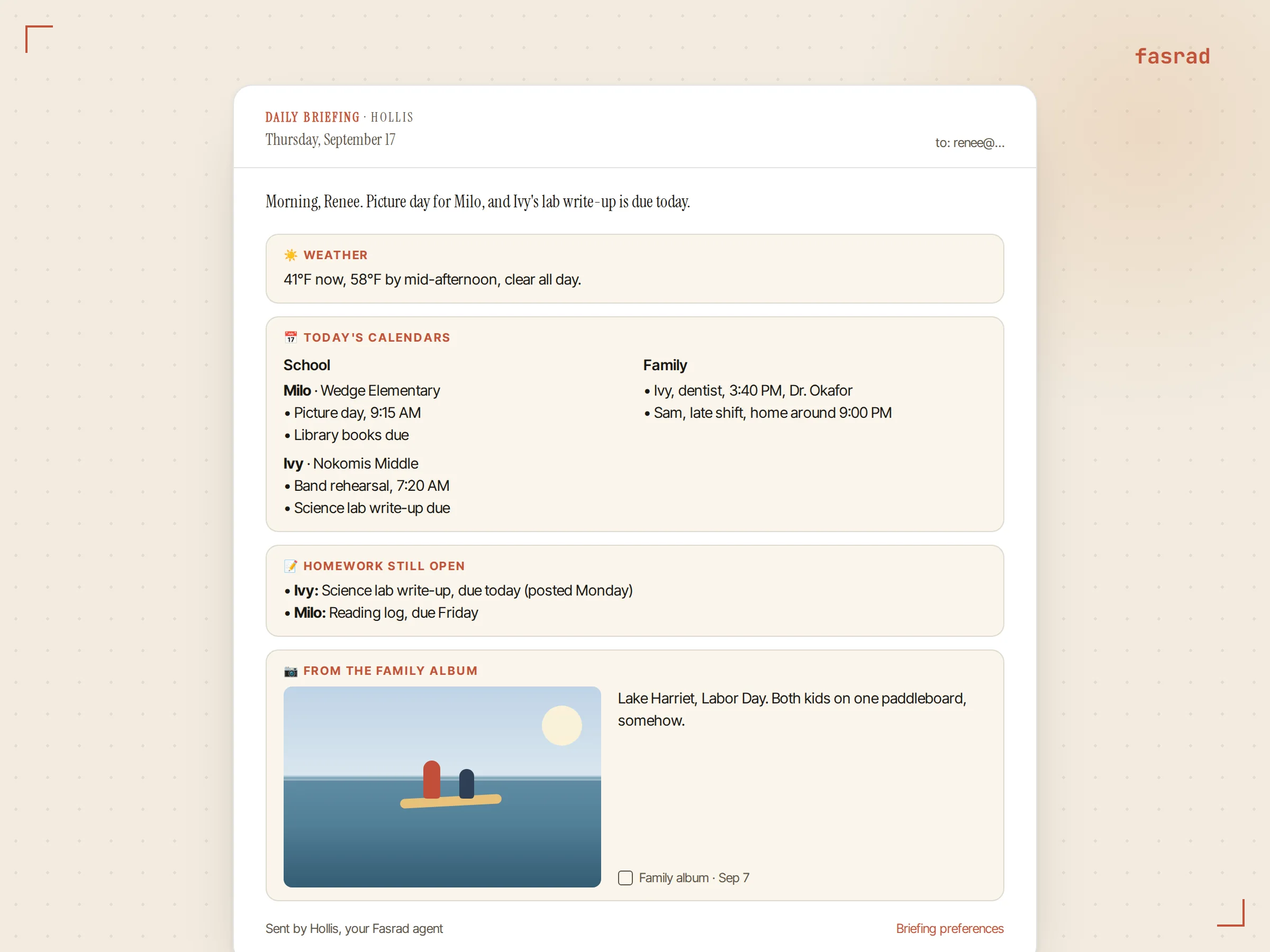 The same briefing as an email: a Daily Briefing header with the date, a weather line, a calendar section split into School and Family, the open homework, and a family album photo with its caption