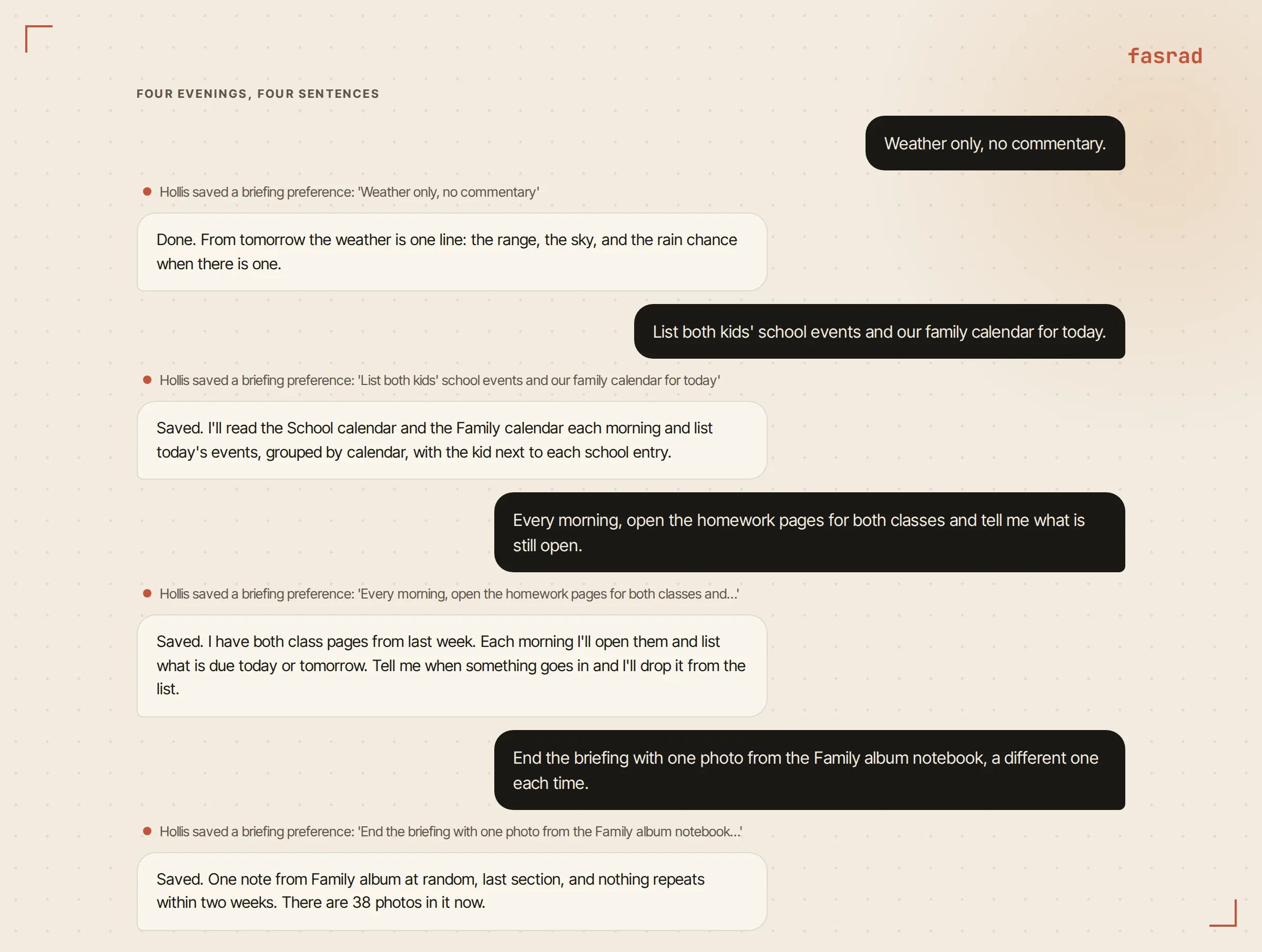 Four short chat exchanges in which a parent states one briefing preference per message and the agent confirms each one and saves it