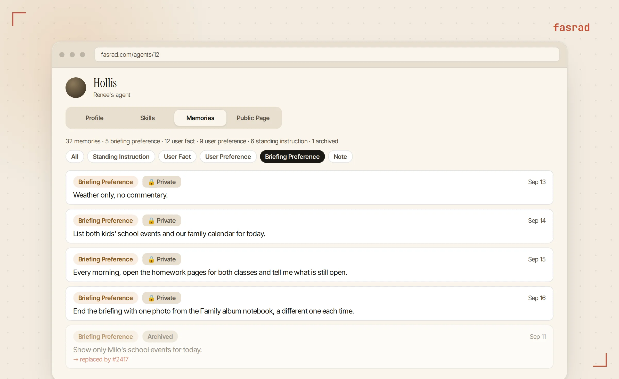 The agent's Memories tab in the web app filtered to Briefing Preference, listing the four saved sentences with a date each and one archived, replaced entry
