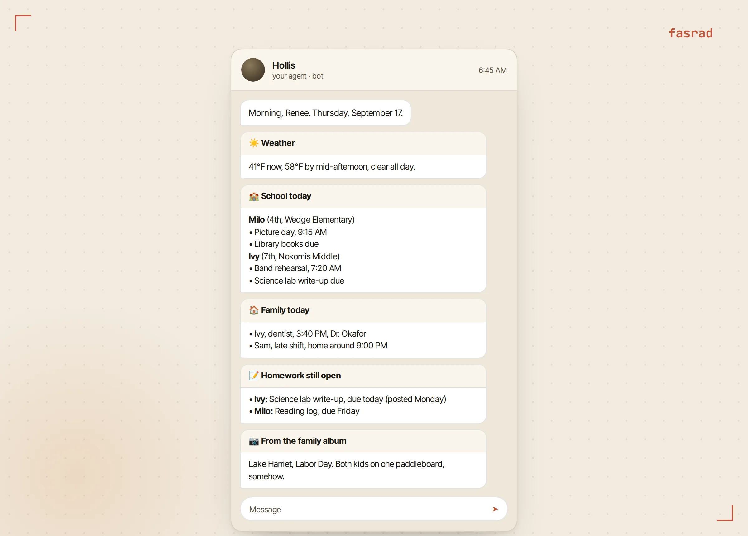 A phone showing a Telegram briefing from the agent at 6:45 AM: a weather line, a school card with each kid's events, a family card, a homework-still-open card with two items, and a family album card