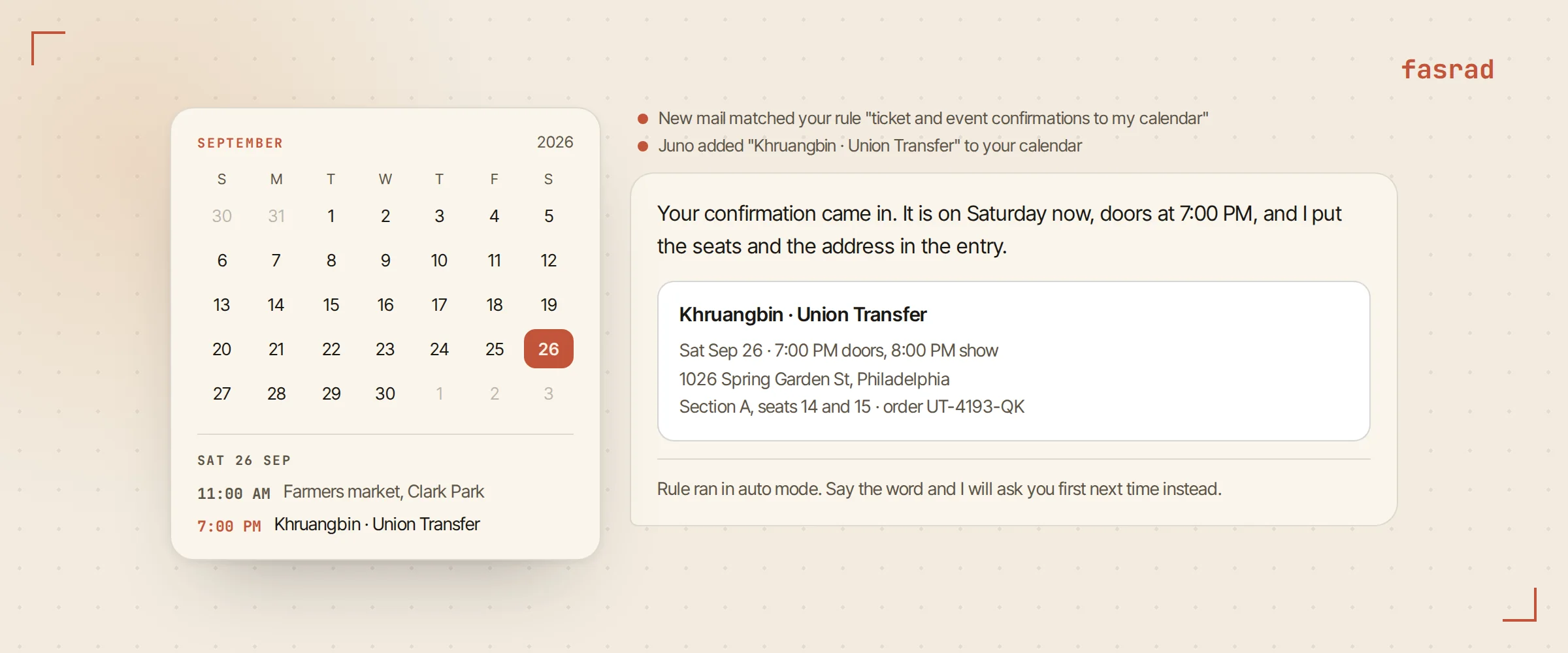 A month calendar card with Saturday opened, showing the confirmed show with doors time, venue address and seat numbers, and a line saying the agent added it from the confirmation mail