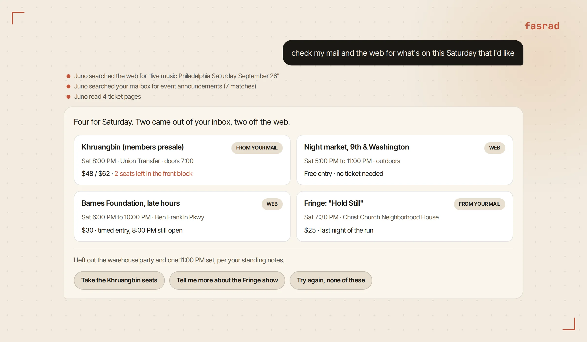 A chat where the user asks for Saturday ideas and the agent returns four event cards with venue, time, price and a link, with quick reply buttons underneath